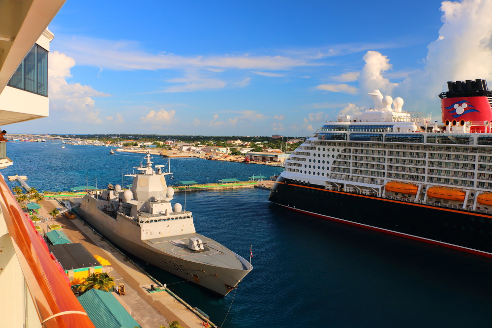 Disney Dream and British warship docked in Nassau