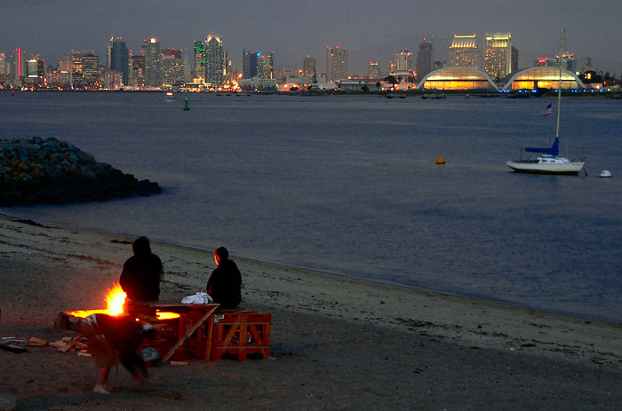 the San Diego skyline at dusk as seen from Shelter Island