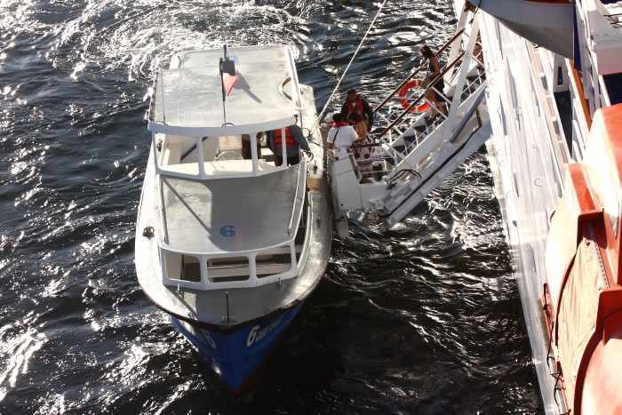 Boarding a Cabo tender at the Carnival Splendor cruise ship