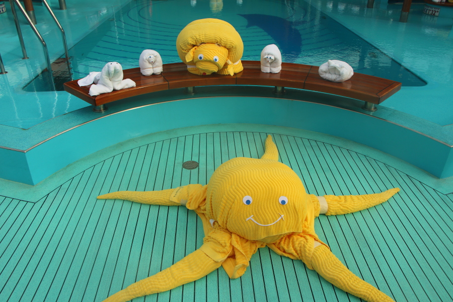 large towel animals on Lido deck on Carnival cruise lines