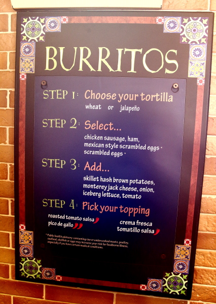 Breakfast burrito menu at the Blue Iguana Cantina on Carnival