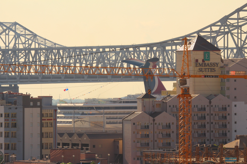 Cruise ship visible at the port of New Orleans