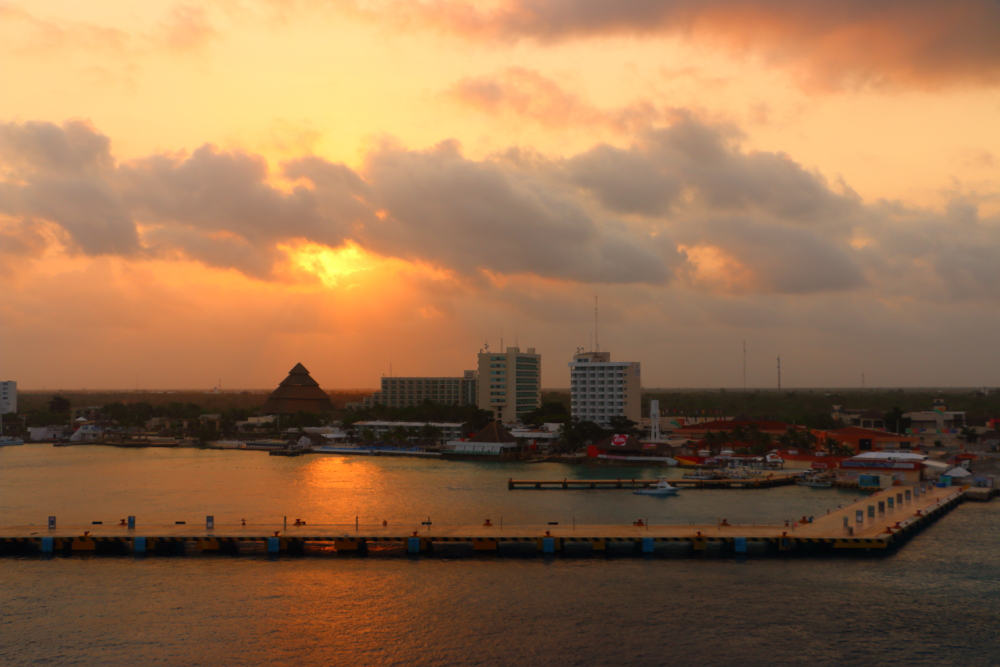 Sunrise over the Puerta Maya cruise terminal in Cozumel, Mexico