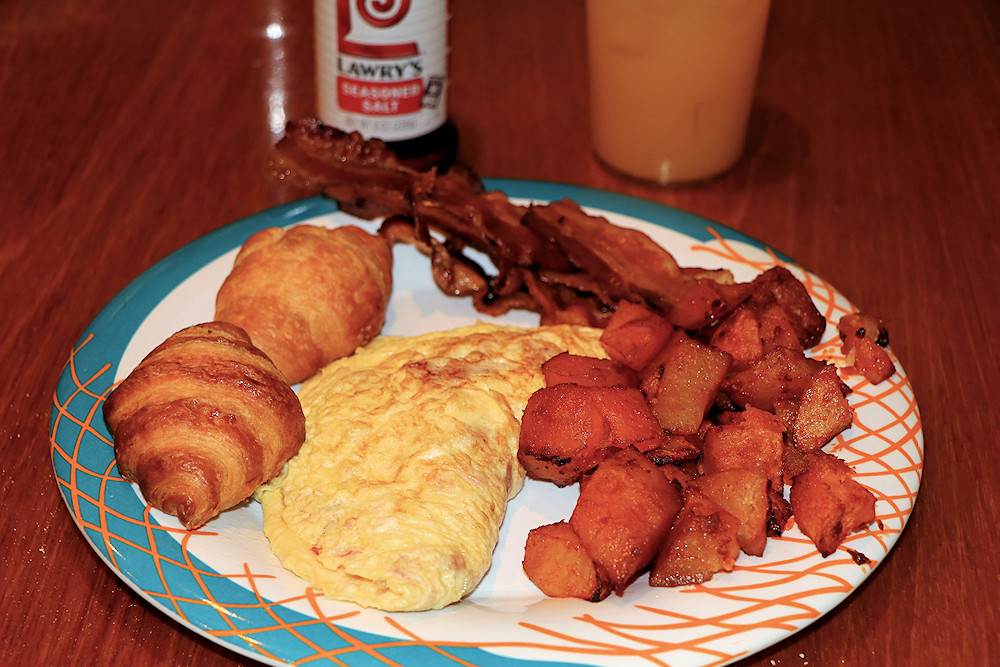 omelet potatoes orange juice bacon Lawrys seasoned salt