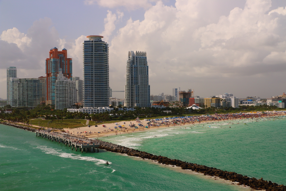 departing the port of Miami with view of south beach