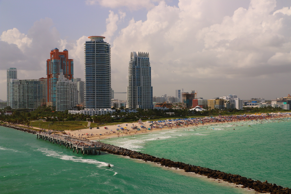 departing the port of Miami with view of south beach