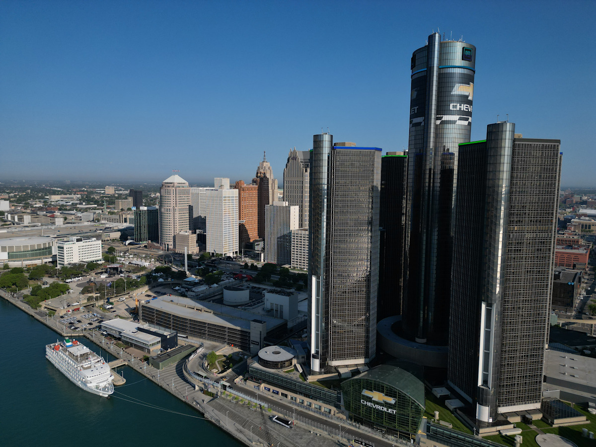 Pearl Mist docked in Detroit at General Motors headquarters